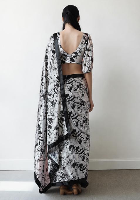 Jyoti Fashion Women's Black Chinon Digital Printed Designer Saree with Blouse