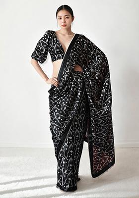 Black Digital Print Chinon Pre Stitched Saree Set