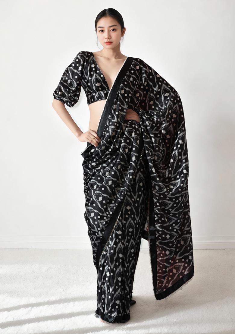 Black Digital Print Chinon Pre Stitched Saree Set