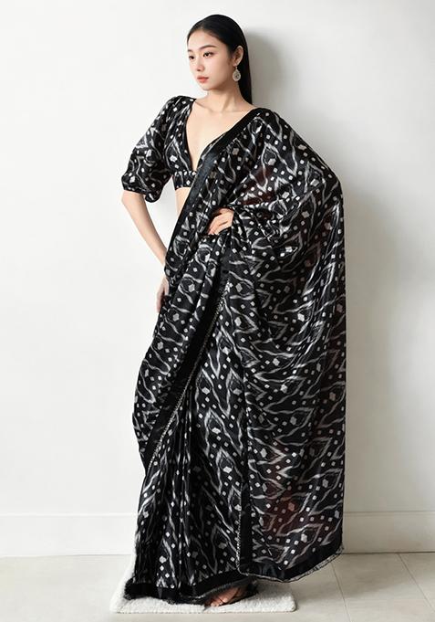 Black Digital Print Chinon Pre Stitched Saree Set