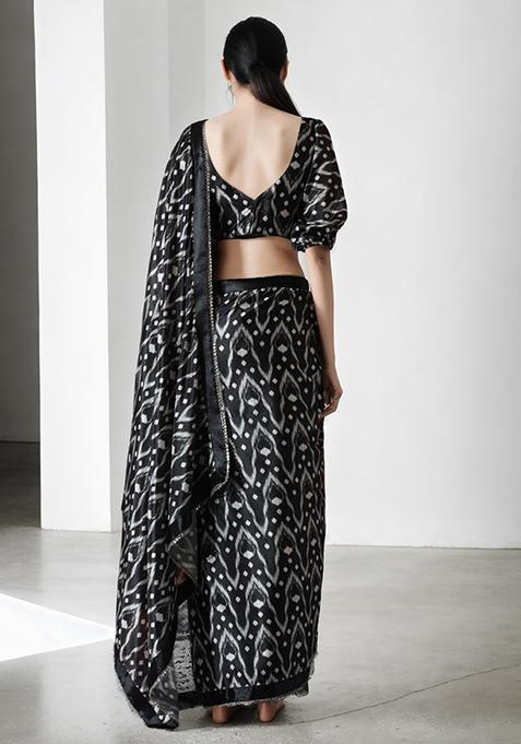 Black Digital Print Chinon Pre Stitched Saree Set