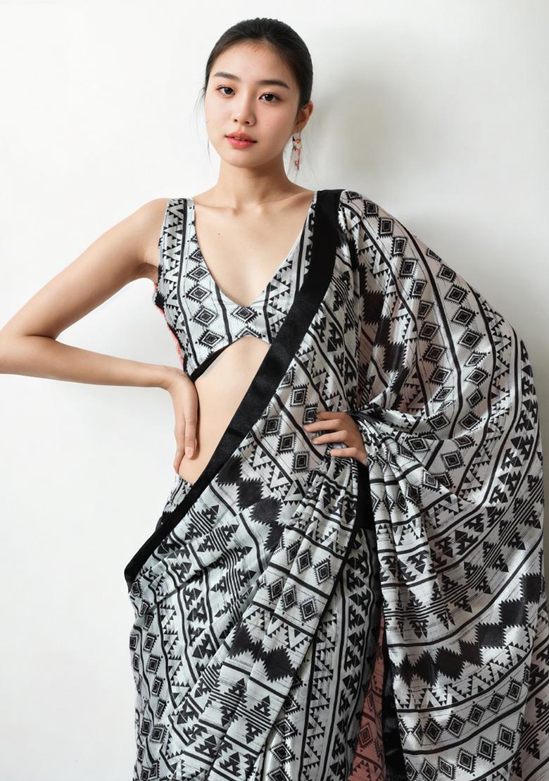 White Digital Print Chinon Pre Stitched Saree Set