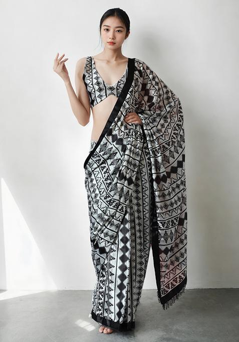 White Digital Print Chinon Pre Stitched Saree Set