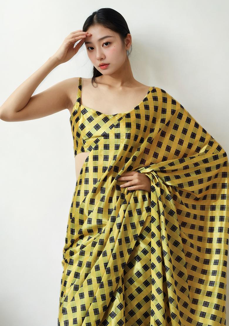 Yellow Digital Print Chinon Pre Stitched Saree Set