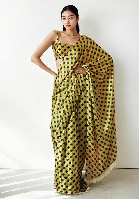 Yellow Digital Print Chinon Pre Stitched Saree Set