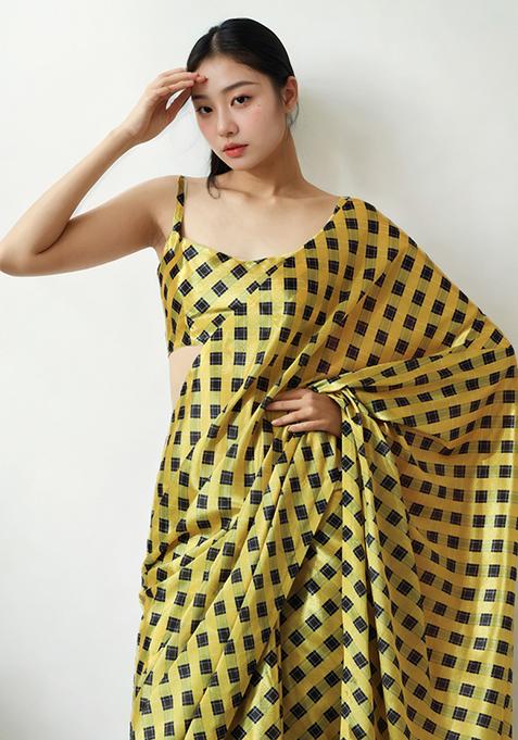 Yellow Digital Print Chinon Pre Stitched Saree Set