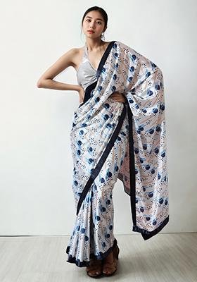 White Digital Print Chinon Pre Stitched Saree Set