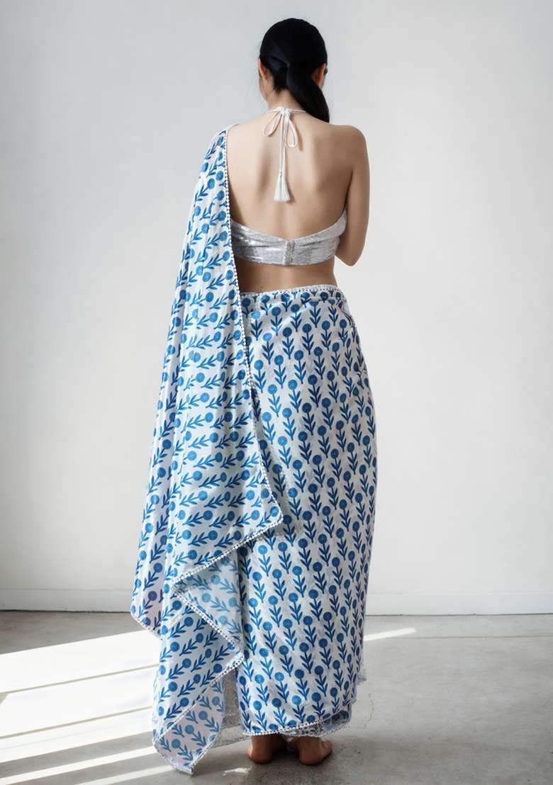 Blue Digital Print Chinon Pre Stitched Saree Set - Indya