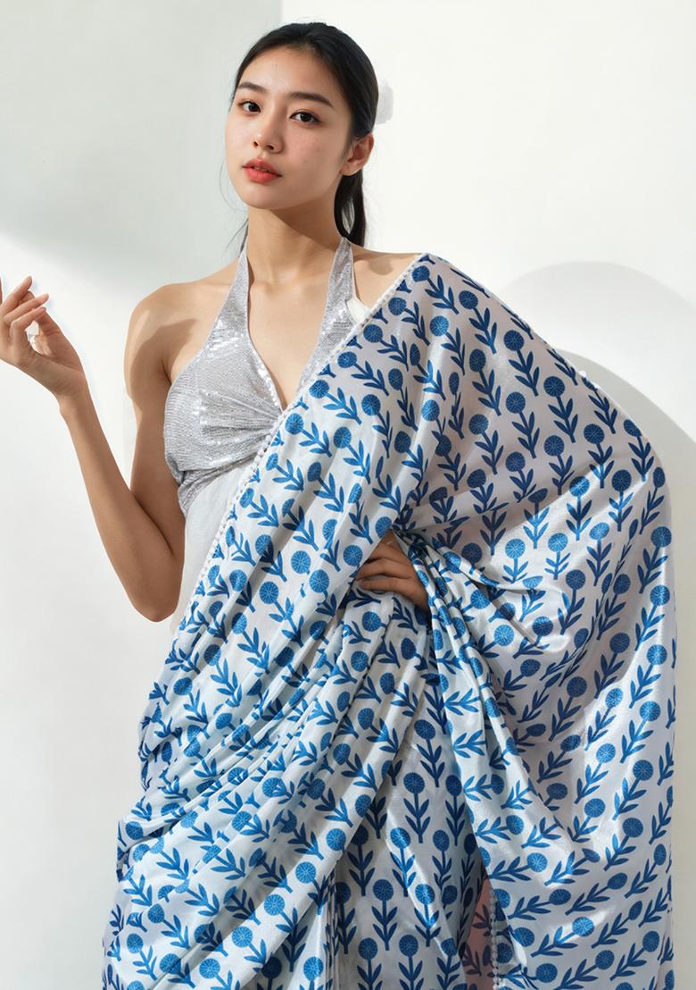 Blue Digital Print Chinon Pre Stitched Saree Set