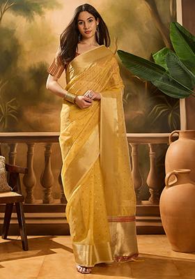 Mustard Yellow Woven Design Organza Saree Set