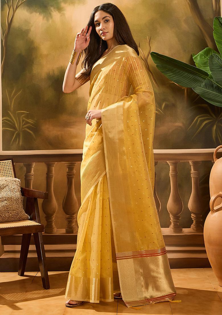 Mustard Yellow Woven Design Organza Saree Set