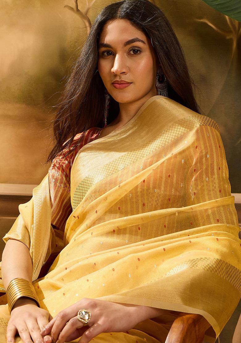 Mustard Yellow Woven Design Organza Saree Set