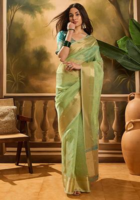 Pista Green Woven Design Organza Saree Set