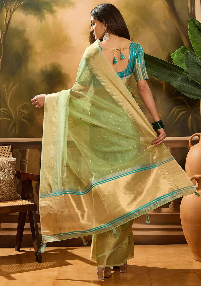 Pista Green Woven Design Organza Saree Set - Indya
