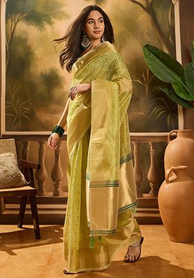 Green Woven Design Organza Saree Set