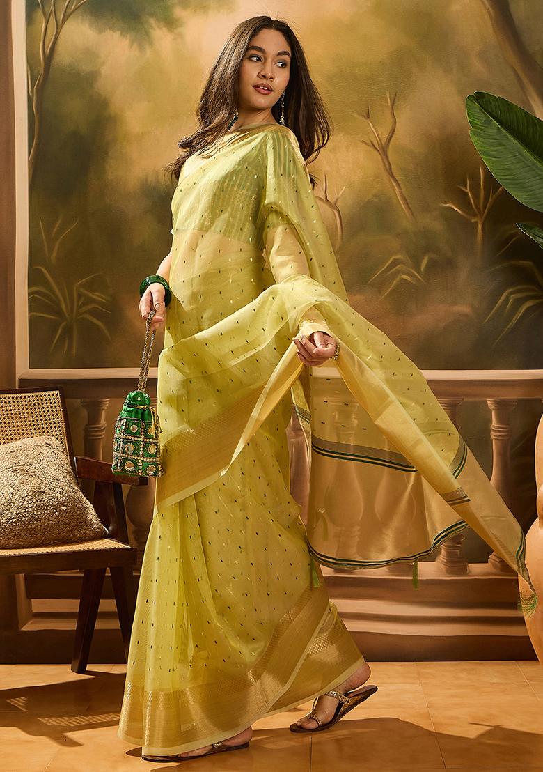 Green Woven Design Organza Saree Set