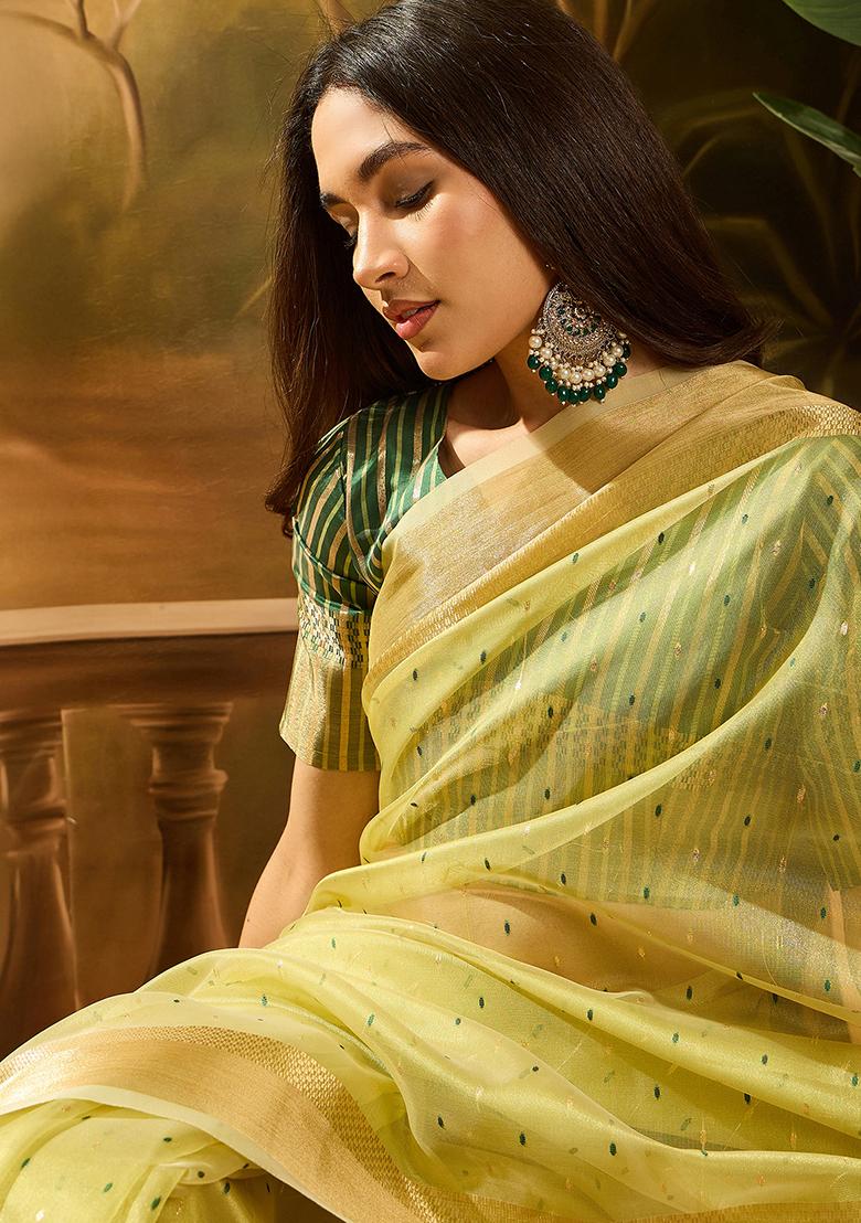 Green Woven Design Organza Saree Set
