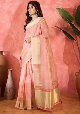 Pink Woven Design Organza Saree Set