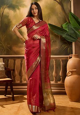Red Woven Design Organza Saree Set