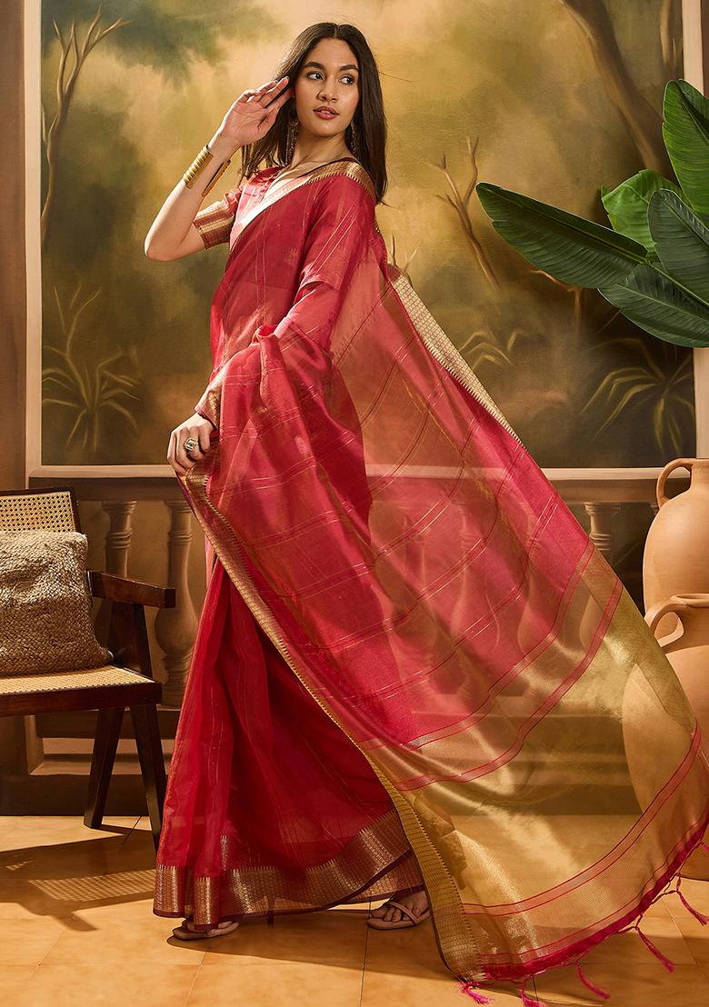 Red Woven Design Organza Saree Set