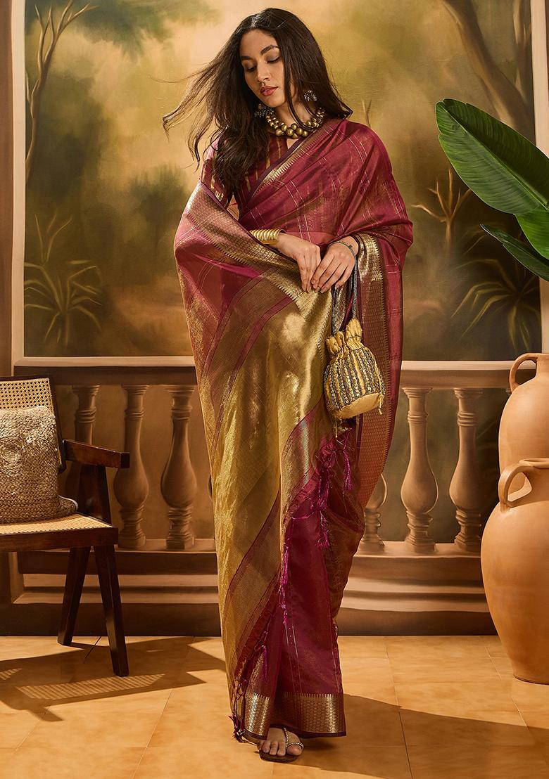 Wine Woven Design Organza Saree Set