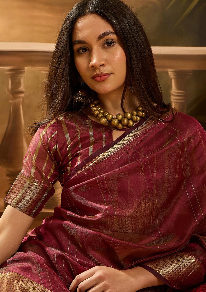 Wine Woven Design Organza Saree Set