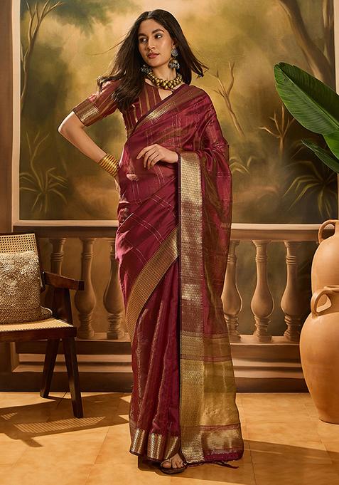 Wine Woven Design Organza Saree Set