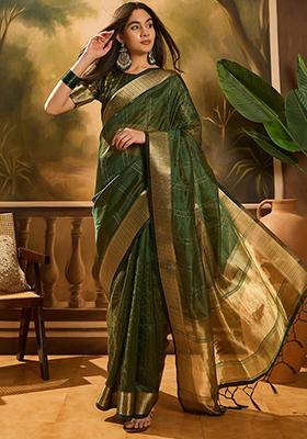 Green Woven Design Organza Saree Set