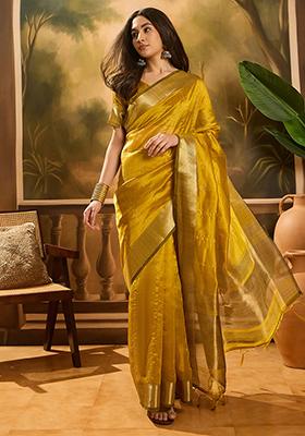 Mustard Yellow Woven Design Organza Saree Set