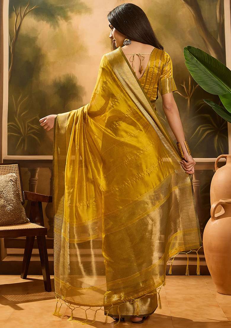 Mustard Yellow Woven Design Organza Saree Set - Indya