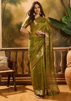 Mehendi Green Woven Design Organza Saree Set