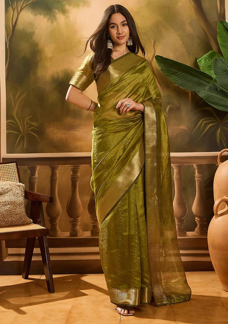 Mehendi Green Woven Design Organza Saree Set