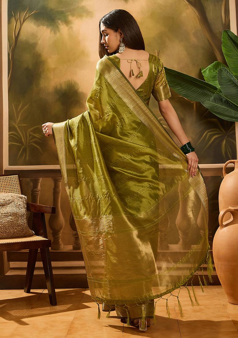 Mehendi Green Woven Design Organza Saree Set