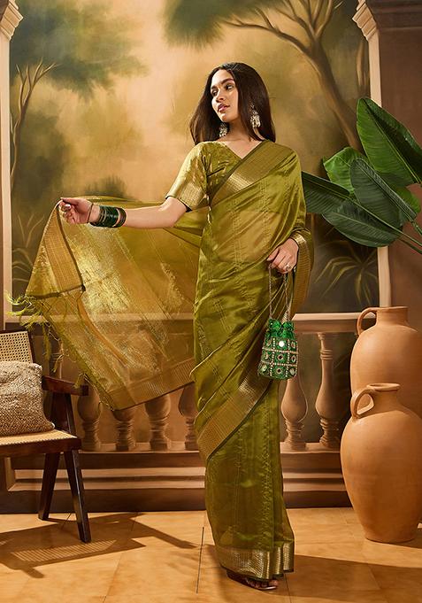 Mehendi Green Woven Design Organza Saree Set
