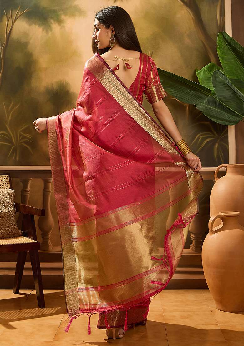 Maroon Woven Design Organza Saree Set - Indya