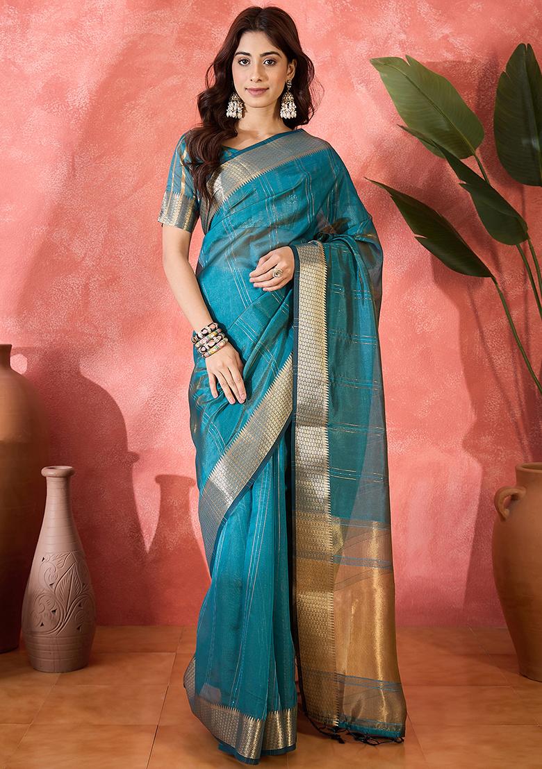 Teal Blue Woven Design Organza Saree Set