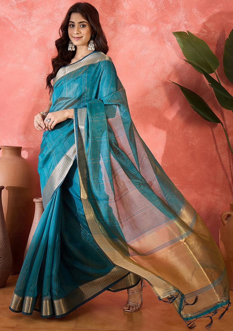 Teal Blue Woven Design Organza Saree Set