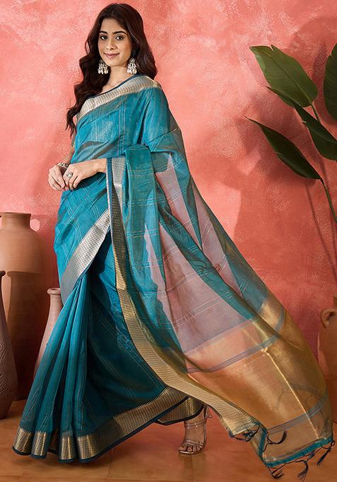 Teal Blue Woven Design Organza Saree Set