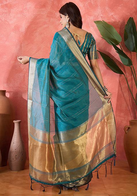 Teal Blue Woven Design Organza Saree Set