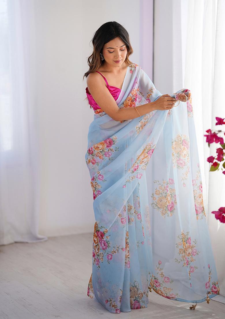 Sky Blue Printed Organza Saree Set