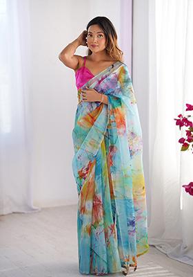 Multi Colour Printed Organza Saree Set