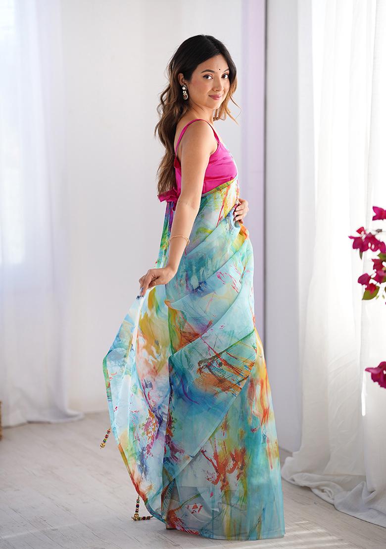 Multi Colour Printed Organza Saree Set