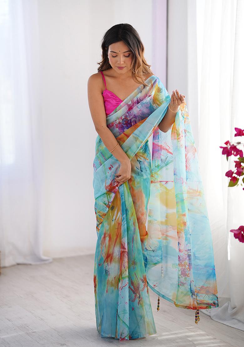 Multi Colour Printed Organza Saree Set