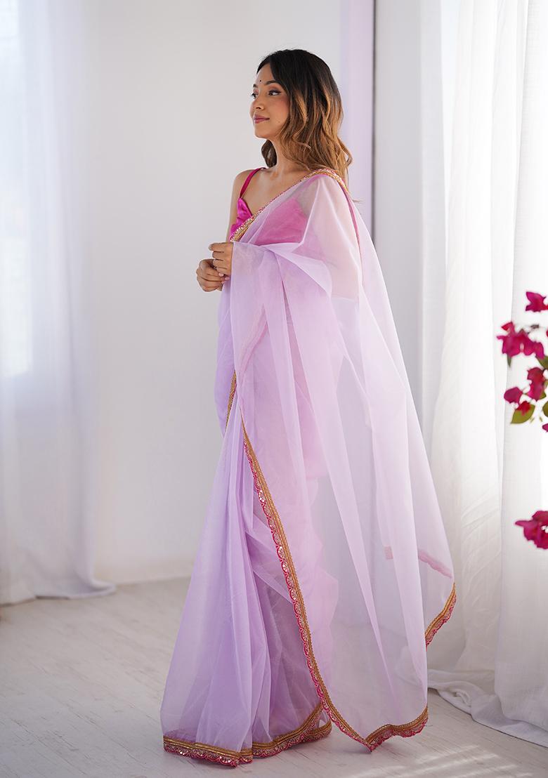 Purple Lace Work Net Saree Set