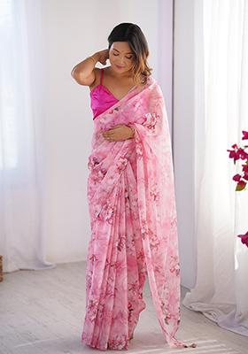 Pink Printed Organza Saree Set