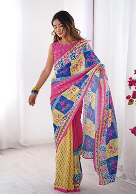 Pink Printed Chinon Saree Set