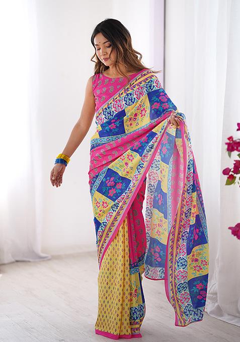 Pink Printed Chinon Saree Set