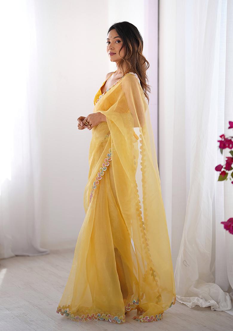 Yellow Lace Work Jimmy Choo Saree Set