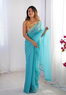 Sky Blue Printed Georgette Saree Set