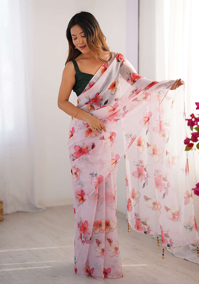 Off White Printed Organza Saree Set - Indya